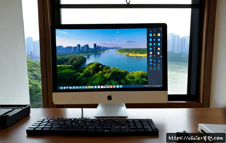 강동구 해킨토시 재설치 포맷  초기화 - Photorealistic remote-support workstation in a Gangdong-gu apartment, desktop computer showing a cle...