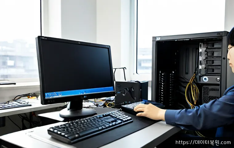 오쇠동 pc복구중 - Photorealistic computer recovery workstation in a compact Osoe-dong repair office, technician restor...