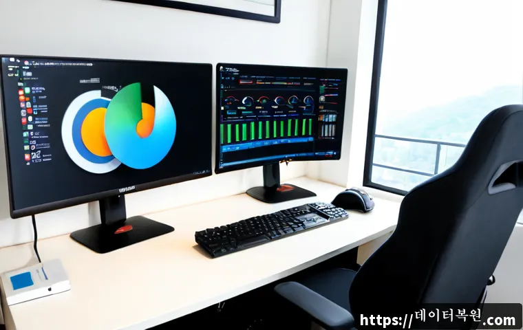 망원동 STATUS_DISK_CORRUPTION - Photorealistic remote-support workstation in a compact Mangwon-dong apartment studio, dual monitors ...
