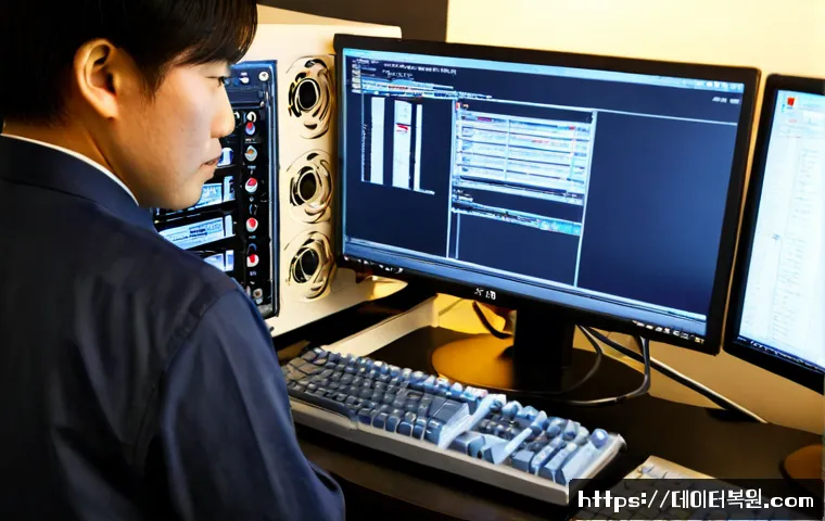 주교동 STATUS_DISK_READ_FAILURE - Photorealistic IT support workstation in a compact Seoul office near an older market district, dual ...