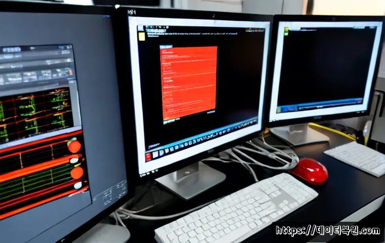 오쇠동 STATUS_KERNEL_RESOURCE_ERROR - Photorealistic IT support workstation in a quiet industrial office near Osoe-dong, dual monitors sho...