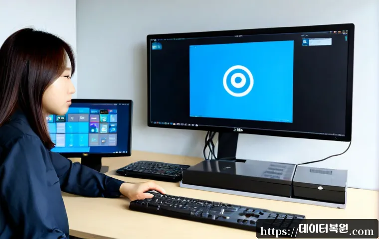 일산동 STATUS_FILE_READ_FAILURE - Photorealistic PC support workstation in Ilsandong, dual monitors showing a clean abstract office so...