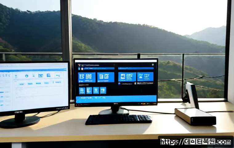 창성동 STATUS_KERNEL_POWER_FAILURE - Photorealistic IT support workstation in a compact Changseong-dong office, dual monitors showing a b...