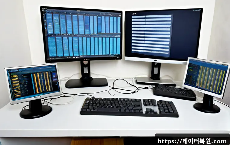 황학동 MEMORY_MANAGEMENT - Photorealistic computer workstation in a compact electronics repair studio near an old urban market ...