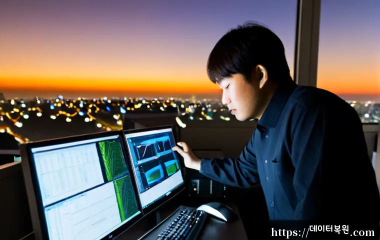 관철동 VIDEO_MEMORY_MANAGEMENT_INTERNAL - Photorealistic IT support workstation in a compact Jongno district office, dual monitors showing abs...