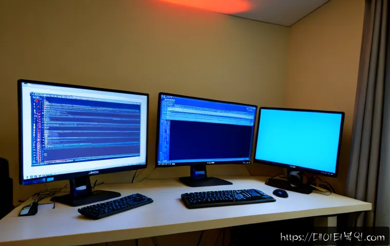 휘경동 STATUS_STACK_BUFFER_OVERRUN - Photorealistic IT support workstation in a compact East Asian apartment office, dual monitors showin...