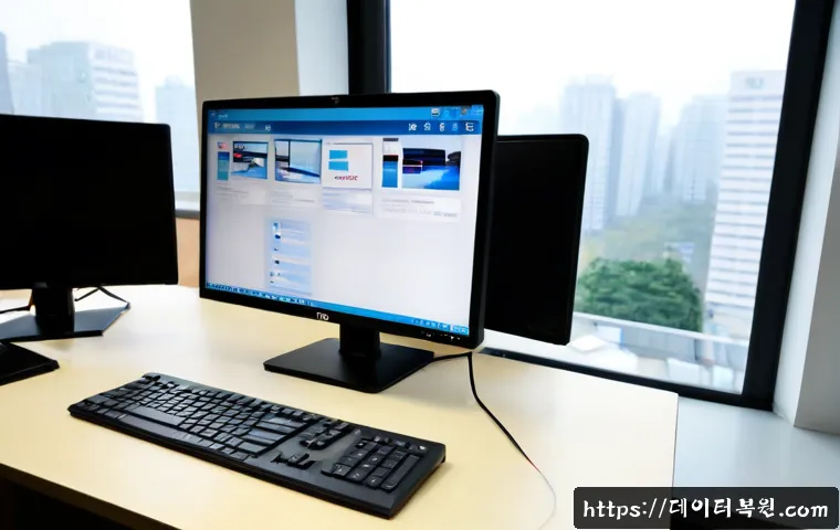 신계동 STATUS_FILE_NOT_FOUND - Photorealistic modern office workstation in Singye-dong, Seoul, an anxious IT specialist using a dua...