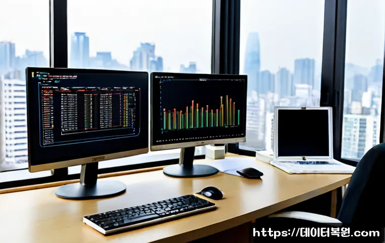 면목동 MEMORY_MANAGEMENT - Photorealistic IT support workstation in a quiet Myeonmok-dong apartment office, dual monitors displ...