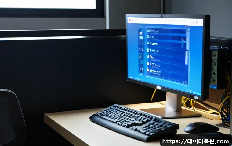 조원동 NTFS_FILE_SYSTEM - Photorealistic IT support workstation in a compact Jowon-dong office, desktop monitor showing a gene...