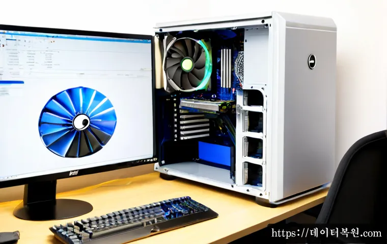 발산동 쿨러조립 및 교체수리 - Photorealistic computer repair workstation in a compact Balsan-dong office, technician carefully ins...