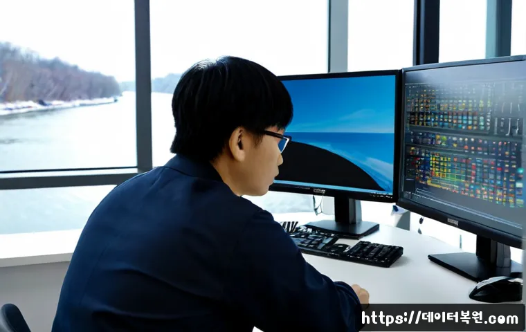 덕은동 STATUS_IO_TIMEOUT - Photorealistic IT support workstation in a modern office near a quiet riverside business district, t...