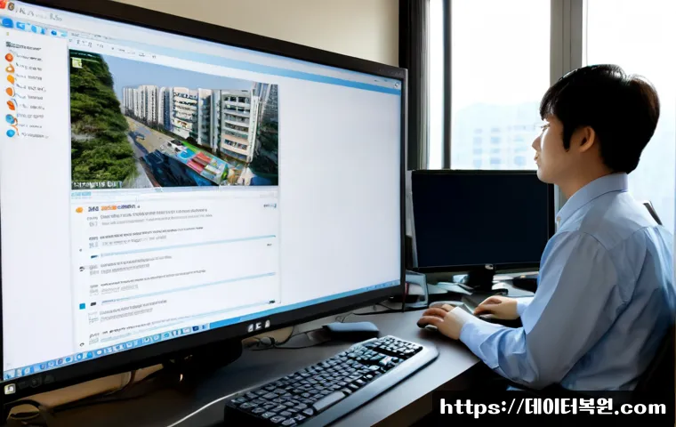 경안동 STATUS_KERNEL_ACCESS_DENIED - Photorealistic IT support workstation in a compact Gyeongan-dong office, dual monitors showing abstr...