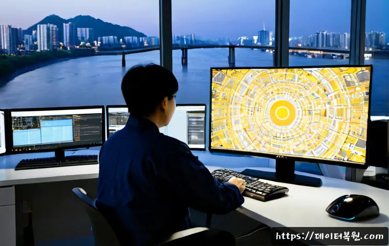 한강로 STATUS_FILE_WRITE_FAILURE - Photorealistic software support scene in a modern Yongsan workstation, focused IT technician reviewi...
