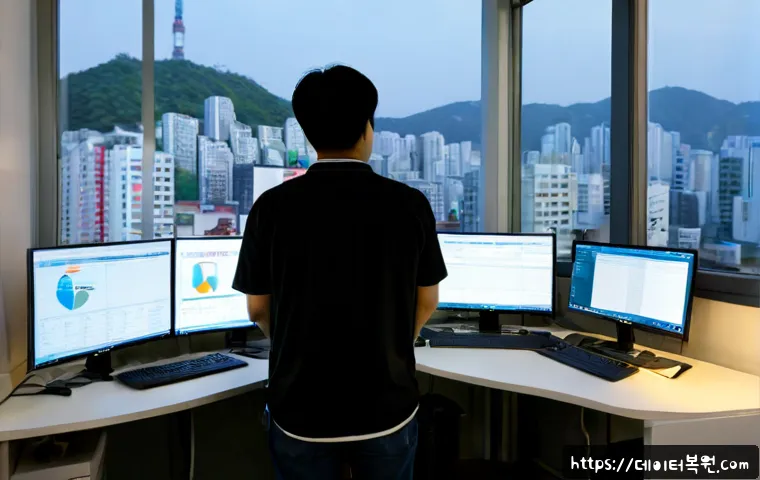 암사동 STATUS_DATATYPE_MISALIGNMENT - Photorealistic IT support workstation in Amsa-dong, Seoul, dual monitors showing abstract database f...