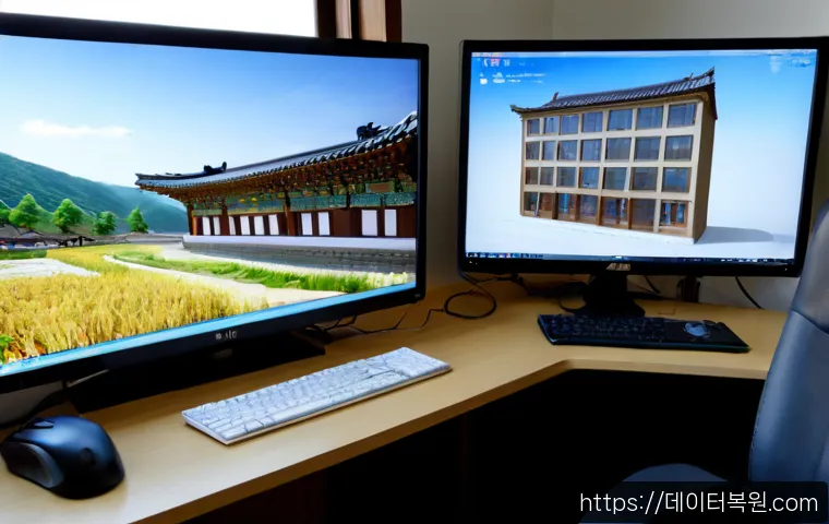 권농동 STATUS_INSUFFICIENT_RESOURCES - Photorealistic remote-support workstation in a quiet Korean heritage-district office, dual monitors ...