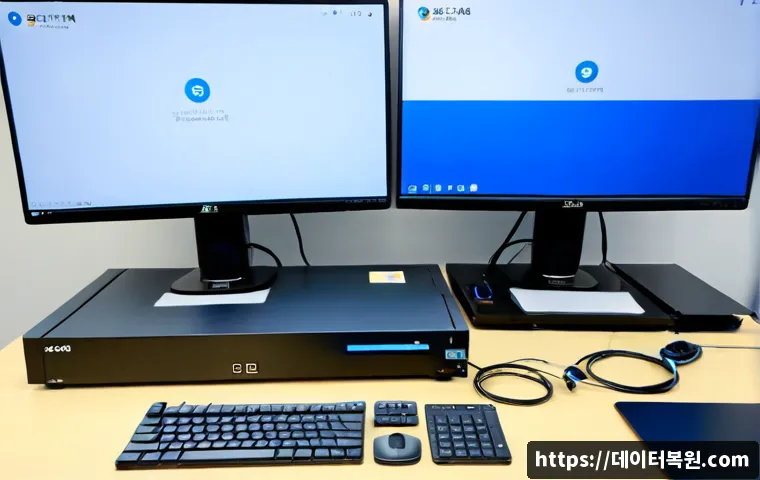 대화동 STATUS_KERNEL_CONNECTION_TIMEOUT - Photorealistic IT support workstation in a modern Dae-hwa office, dual monitors showing a blank blue...