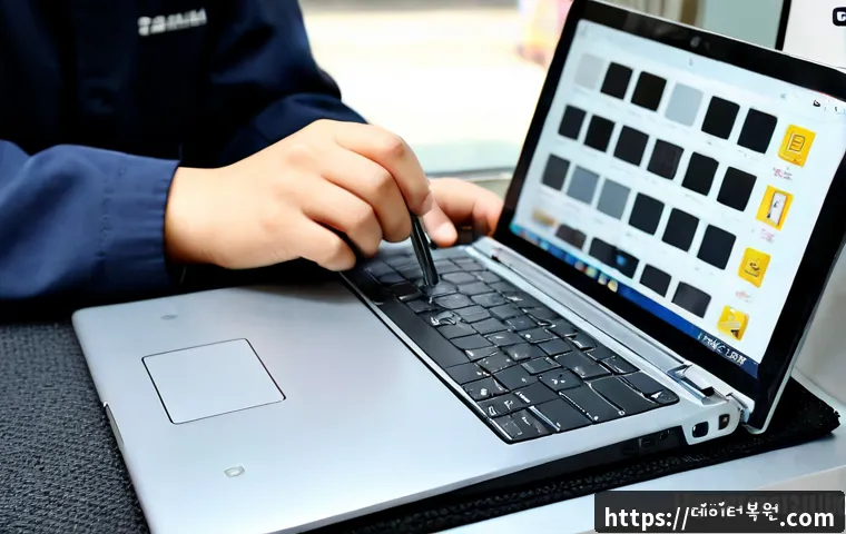 창천동 맥북에어 판매 및 수리 - Photorealistic compact laptop repair studio in Changcheon-dong, a slim silver ultraportable laptop o...