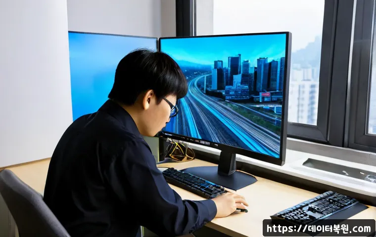 청량리동 THREAD_STUCK_IN_DEVICE_DRIVER - Photorealistic IT support workstation in a compact Cheongnyangni-dong apartment office, frustrated t...