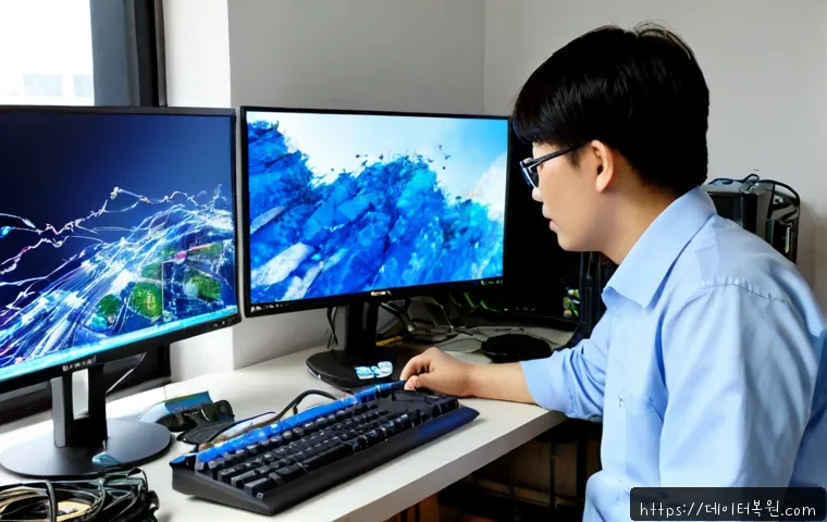 은천동 DRIVER_PORTION_MUST_BE_NONPAGED - Photorealistic PC repair workstation in a compact Euncheon-dong apartment study, dual monitors showi...
