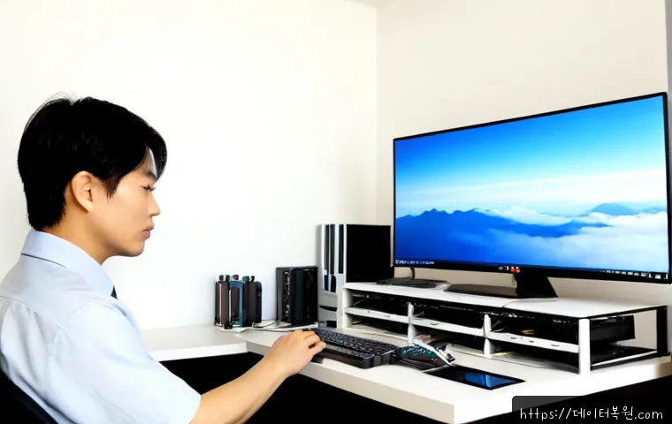 이문동 컴퓨터업그레이드 - Photorealistic computer upgrade workstation in a compact Imun-dong apartment office, technician inst...