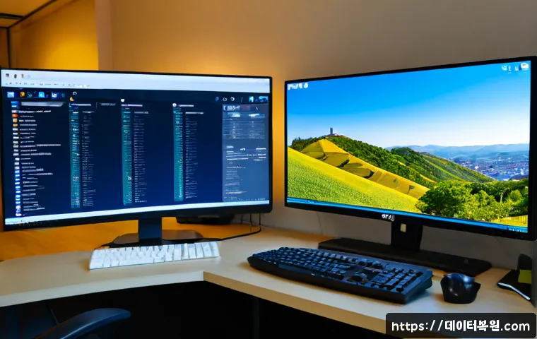 성북구 STATUS_KERNEL_MODULE_INVALID - Photorealistic IT support workstation in Seongbuk-gu, dual monitors showing a clean abstract system ...
