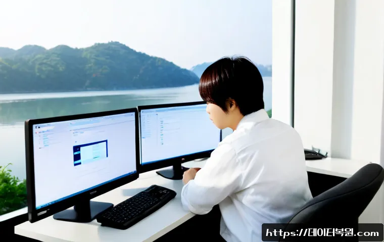 석촌동 STATUS_INVALID_DISPOSITION - Photorealistic IT support workstation in a compact modern office near a quiet lakeside neighborhood,...