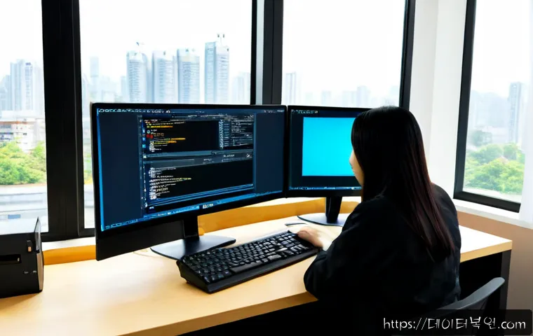 자곡동 linux재설치 포맷  초기화 - Photorealistic IT support technician reinstalling Linux on a dual-monitor engineering workstation, a...