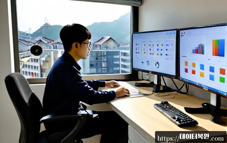 망원동 STATUS_KERNEL_STACK_CORRUPTION - Photorealistic IT support workstation in a compact Mangwon neighborhood office, dual monitors showin...