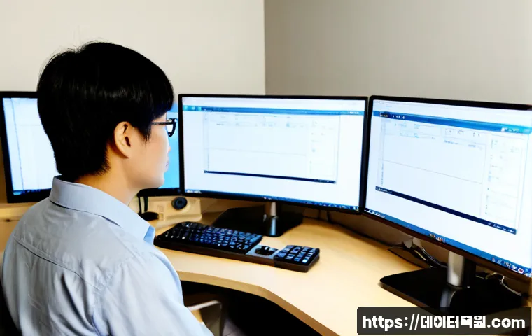 시흥동 STATUS_SESSION_TIMEOUT - Photorealistic remote-support workstation in a compact Siheung-dong office, IT technician studying a...