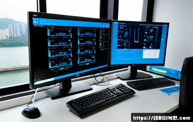 덕은동 STATUS_KERNEL_REGISTRY_ERROR - Photorealistic IT support workstation in a modern Deogeun-dong apartment office, dual monitors showi...