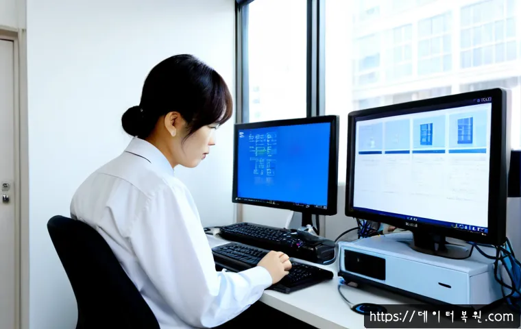 와룡동 STATUS_KERNEL_FILE_SYSTEM_ERROR - Photorealistic IT support workstation in a compact Waryong-dong office, dual monitors showing abstra...