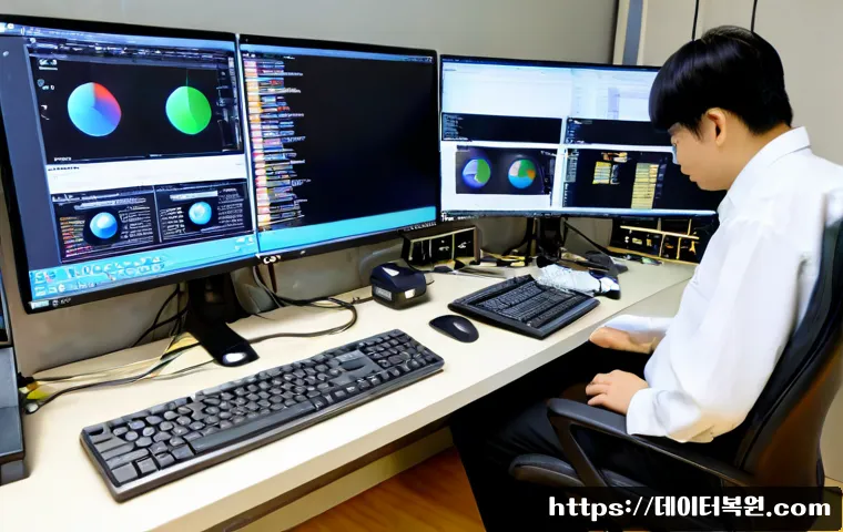 도선동 ACPI_BIOS_ERROR - Photorealistic IT support workstation in Doseon-dong, desktop tower opened beside dual monitors show...