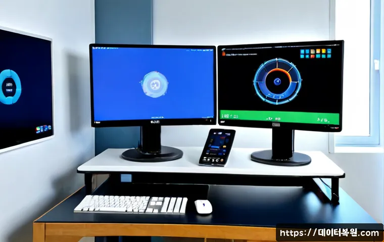 오포읍 KERNEL_DATA_INPAGE_ERROR - Photorealistic remote-support workstation in a quiet Opo-eup apartment office, dual monitors showing...