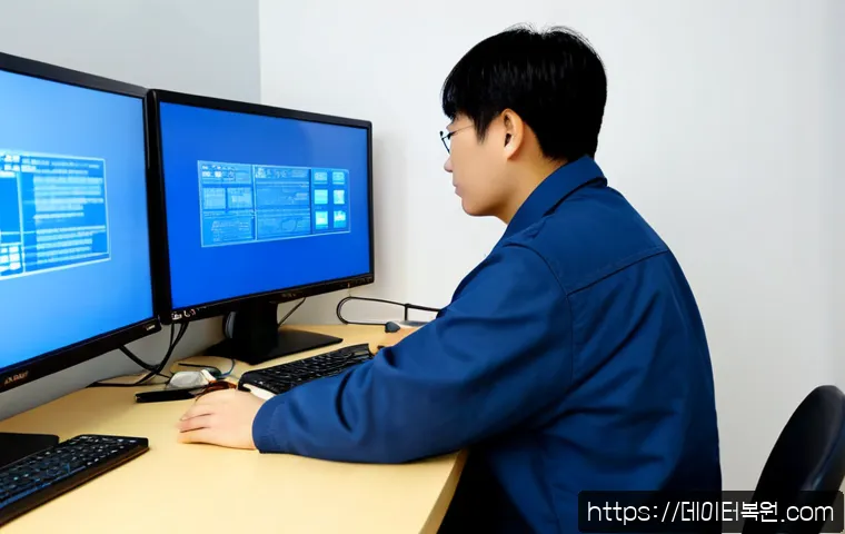 서빙고동 CRITICAL_PROCESS_DIED - Photorealistic architectural workstation in a quiet Yongsan riverside apartment, dual monitors showi...