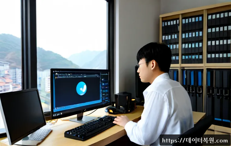 약수동 STATUS_FILE_WRITE_FAILURE - Photorealistic IT support workstation in a compact hillside apartment office, worried technician fac...