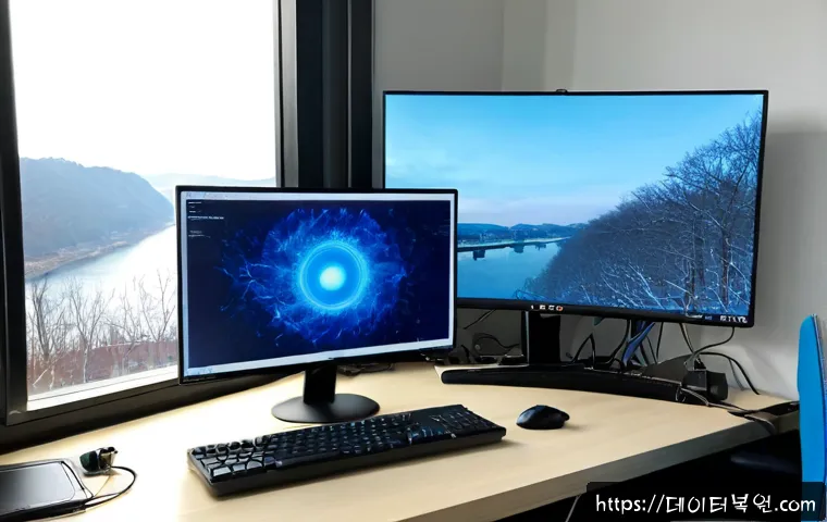 행주동 CLOCK_WATCHDOG_TIMEOUT - Photorealistic remote-support workstation in a quiet Hangju-dong apartment, dual monitors showing a ...
