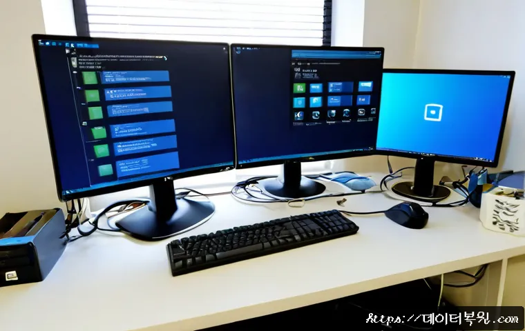 하중동 블루스크린 - Photorealistic IT support workstation in a compact Hajeong-dong office, dual monitors with one showi...