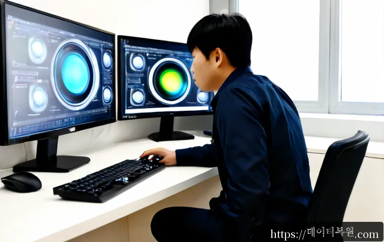 일직동 UDFS_FILE_SYSTEM - Photorealistic IT support workstation in a sleek Iljik-dong business office, technician examining a ...