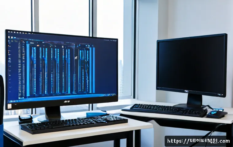 소하동 STATUS_KERNEL_FILE_SYSTEM_ERROR - Photorealistic PC repair workstation in a modern Sohadong apartment office, dual monitors showing a ...