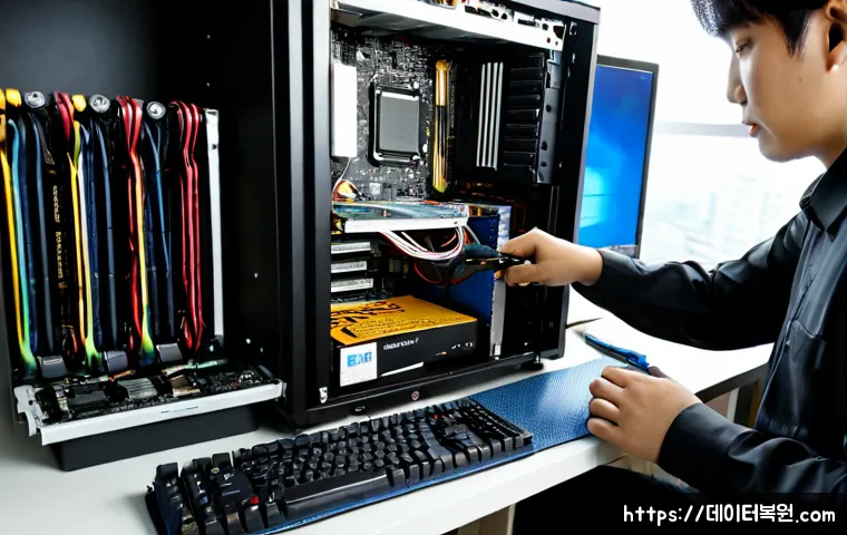 서대문구 그래픽카드조립 및 교체수리 - Photorealistic PC repair workstation in Seodaemun-gu, Seoul, technician carefully installing a high-...