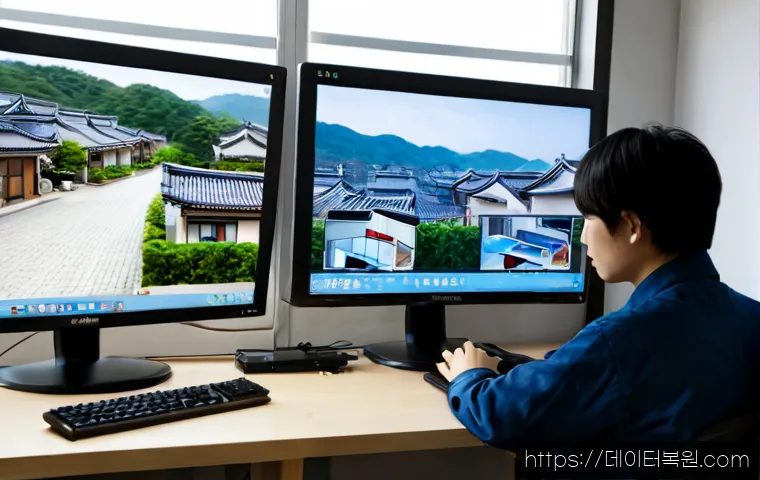 오금동 STATUS_INVALID_IMAGE_FORMAT - Photorealistic remote-support workstation in a quiet residential Seoul district, dual monitors showi...
