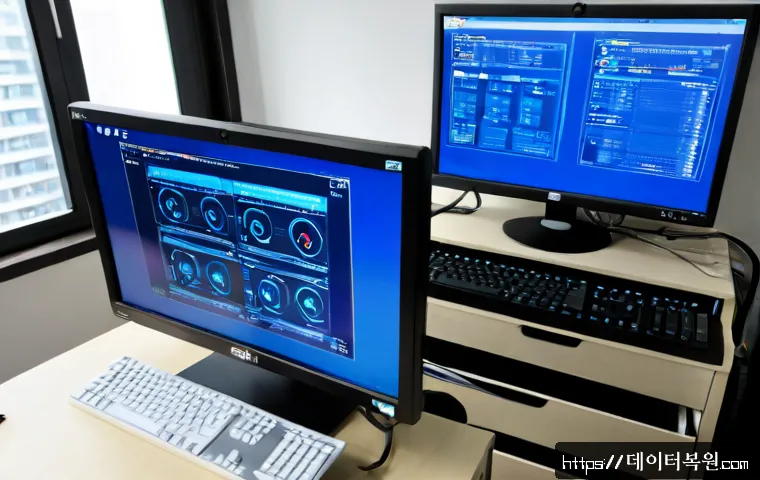 명일동 STATUS_KERNEL_DEVICE_ERROR - Photorealistic IT support workstation in a compact eastern Seoul office, dual monitors showing a bla...