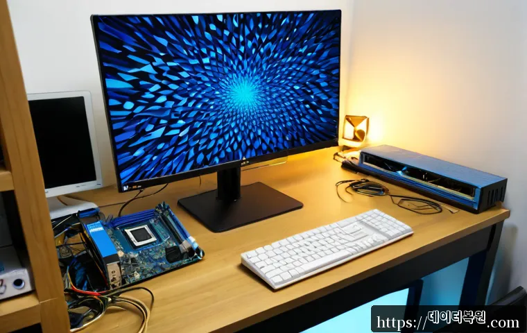 누하동 DRIVER_CORRUPTED_EXPOOL - Photorealistic PC repair workstation in a compact Nuha-dong studio apartment, dual monitors showing ...