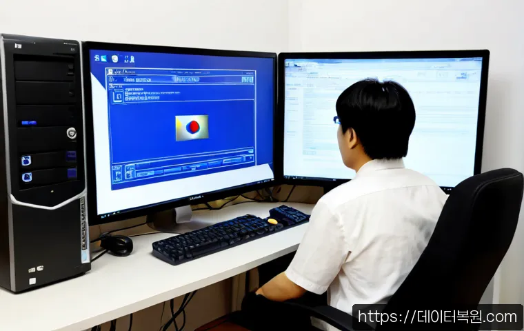 합동 VIDEO_DRIVER_INIT_FAILURE - Photorealistic IT support workstation in a Seoul shared office, dual monitors showing a blank cobalt...
