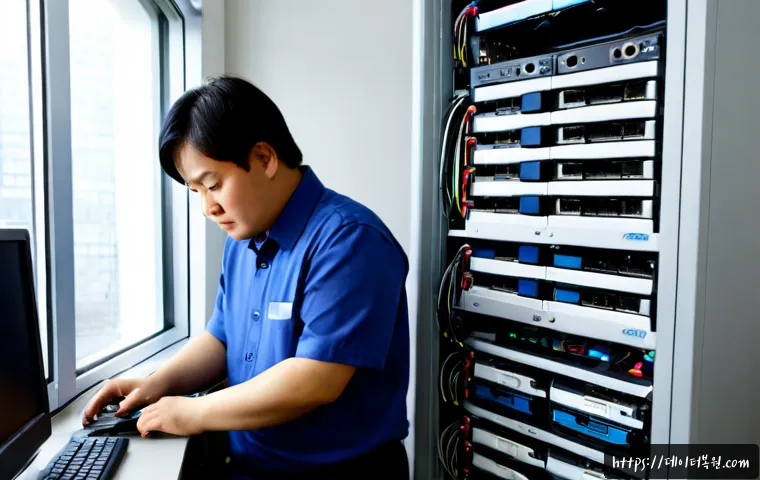 과해동 파일서버출장방문수리점 - Photorealistic onsite file server repair in a compact Korean office, technician connecting diagnosti...