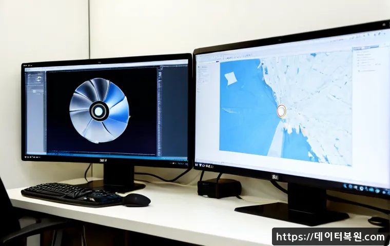 용강동 프로그램응답없음 - Photorealistic office workstation in Yonggang-dong, Seoul, dual monitors showing a frozen unbranded ...