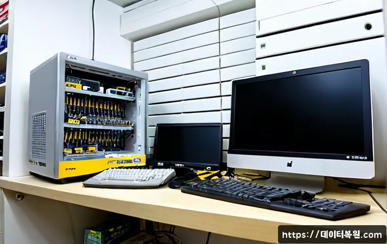 보문동 맥미니 판매 및 수리 - Photorealistic compact silver mini desktop computer displayed on a clean repair counter in a cozy Bo...