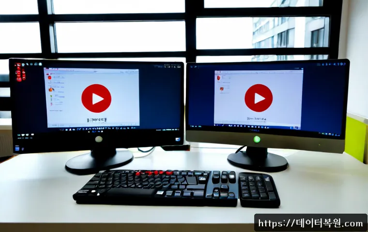 태전동 SYSTEM_LICENSE_VIOLATION - Photorealistic IT support workstation in a compact Taejeon-dong office, dual monitors showing a gene...