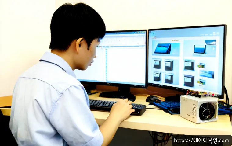 신창동 HARDWARE_FAILURE - Photorealistic remote-support workstation in Sinchang-dong, a desktop PC open beside dual monitors s...
