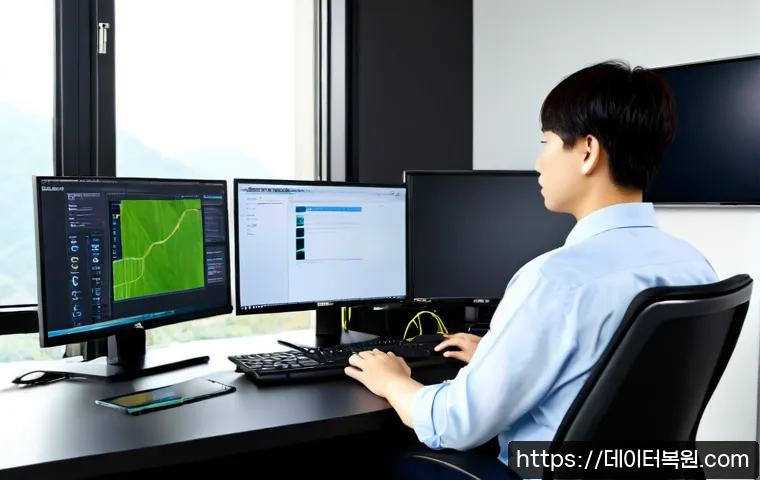 봉천동 STATUS_KERNEL_RESOURCE_ERROR - Photorealistic IT support workstation in a compact hillside apartment office, dual monitors showing ...